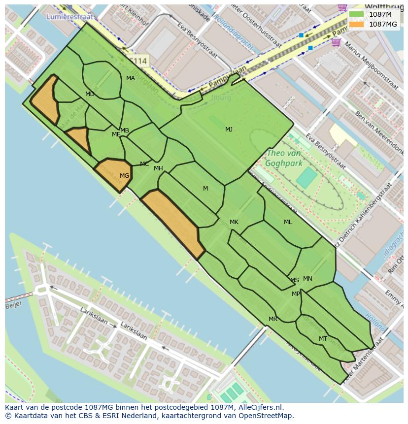 Afbeelding van het postcodegebied 1087 MG op de kaart.