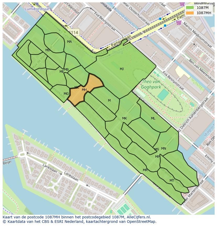 Afbeelding van het postcodegebied 1087 MH op de kaart.