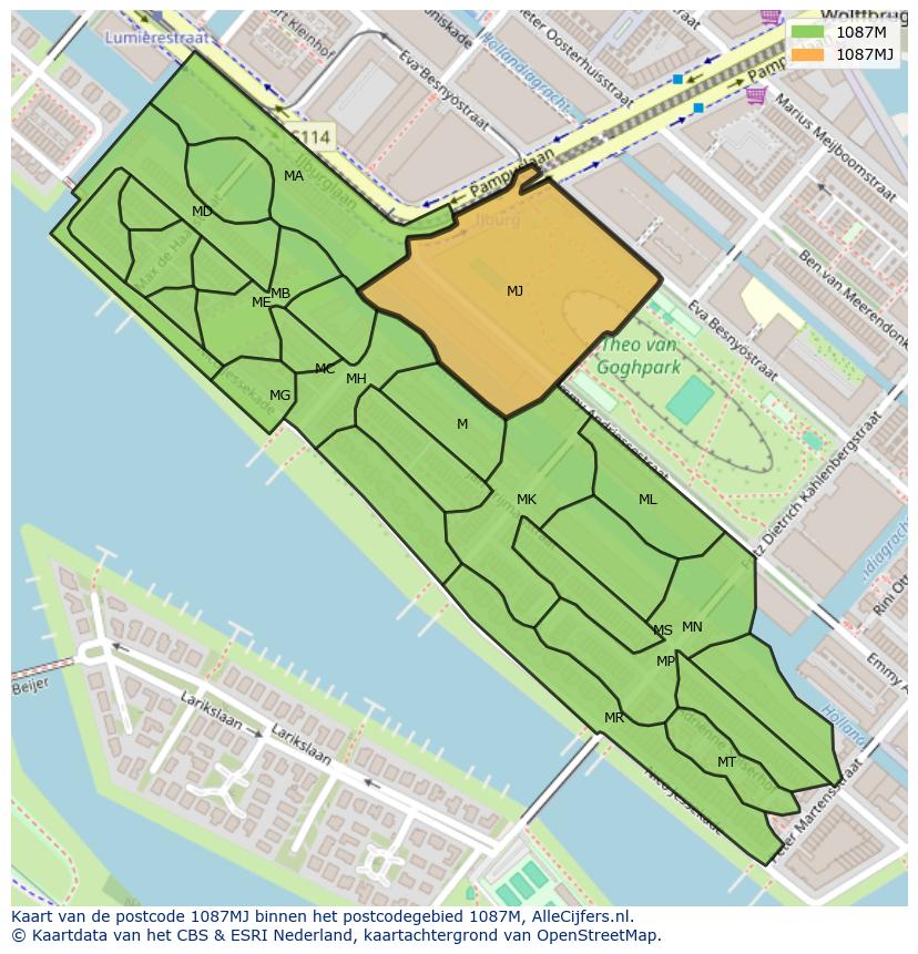 Afbeelding van het postcodegebied 1087 MJ op de kaart.