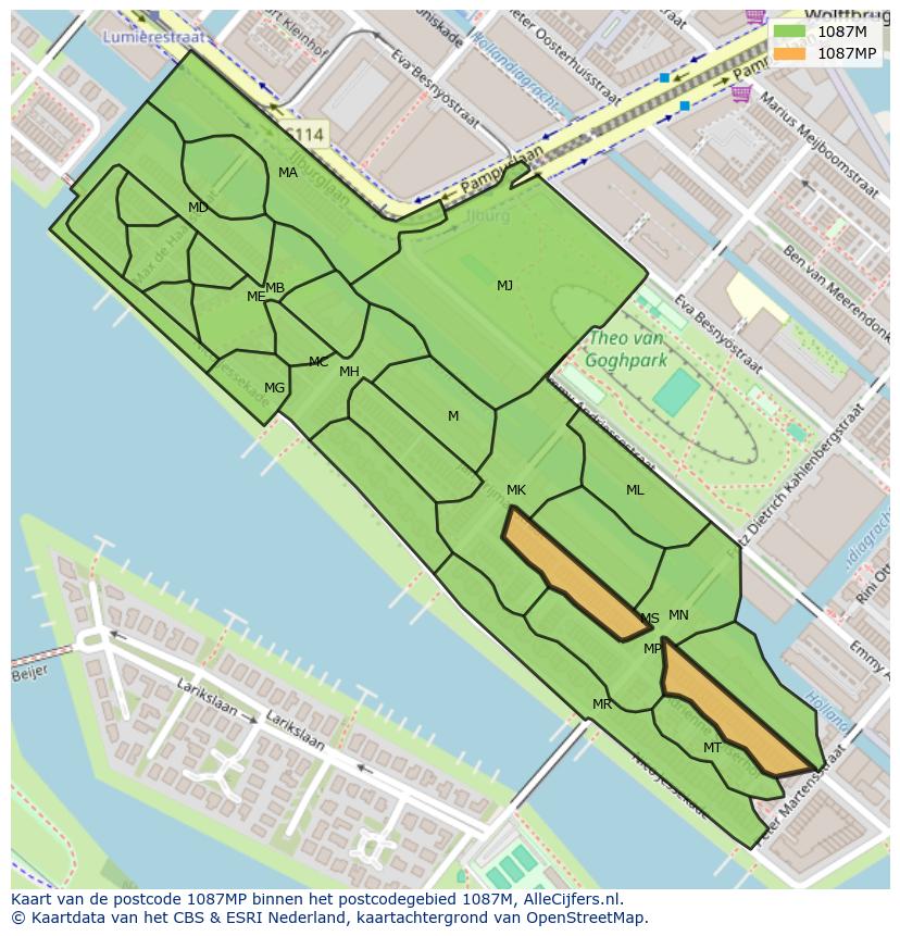 Afbeelding van het postcodegebied 1087 MP op de kaart.