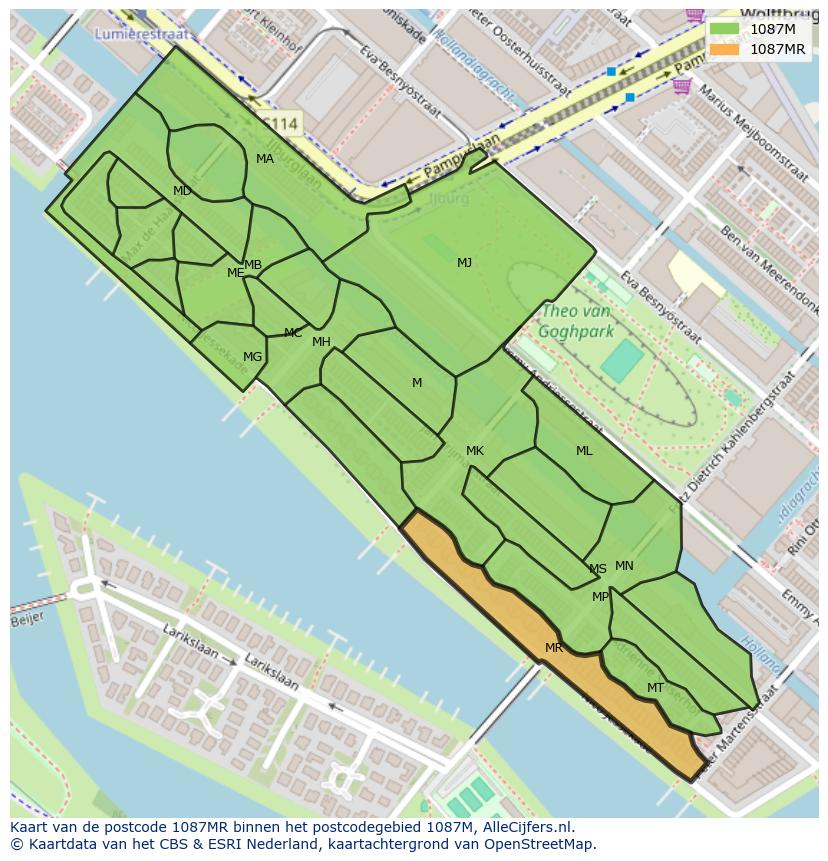 Afbeelding van het postcodegebied 1087 MR op de kaart.