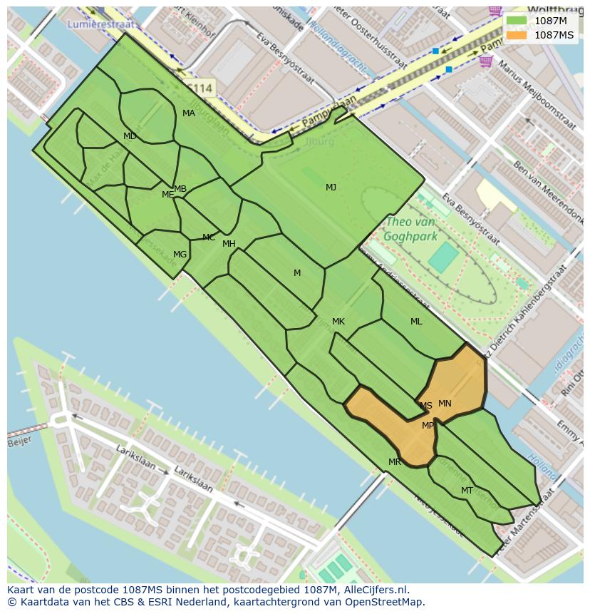 Afbeelding van het postcodegebied 1087 MS op de kaart.