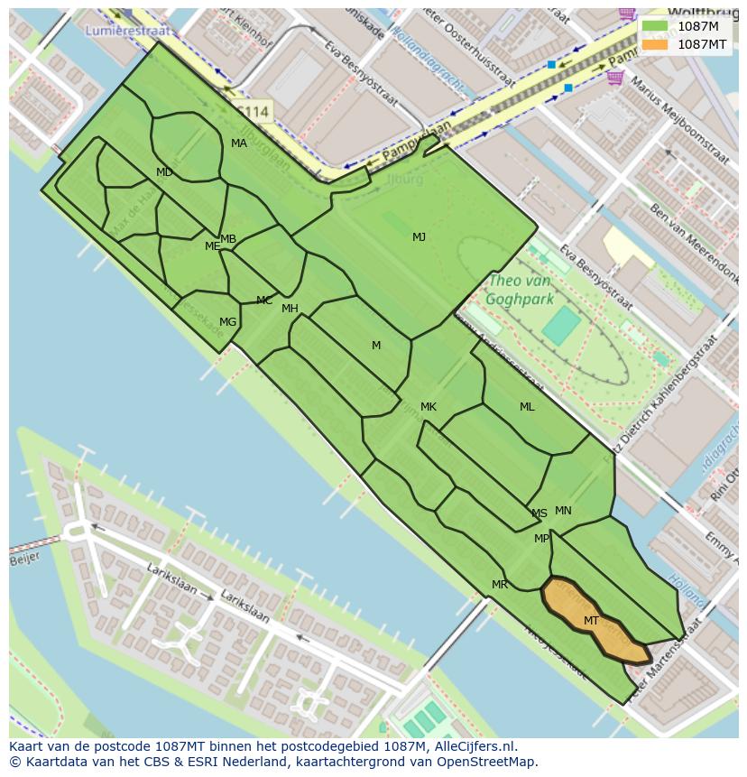 Afbeelding van het postcodegebied 1087 MT op de kaart.