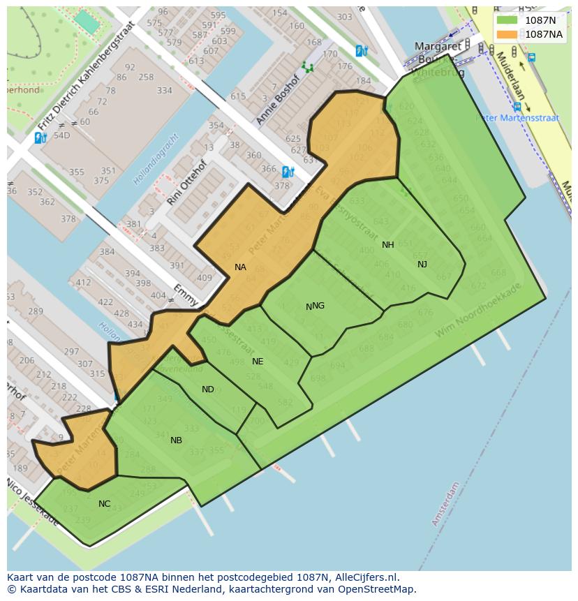 Afbeelding van het postcodegebied 1087 NA op de kaart.