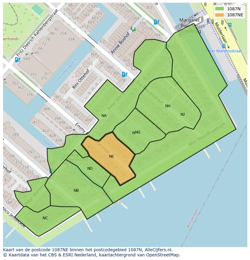 Afbeelding van het postcodegebied 1087 NE op de kaart.