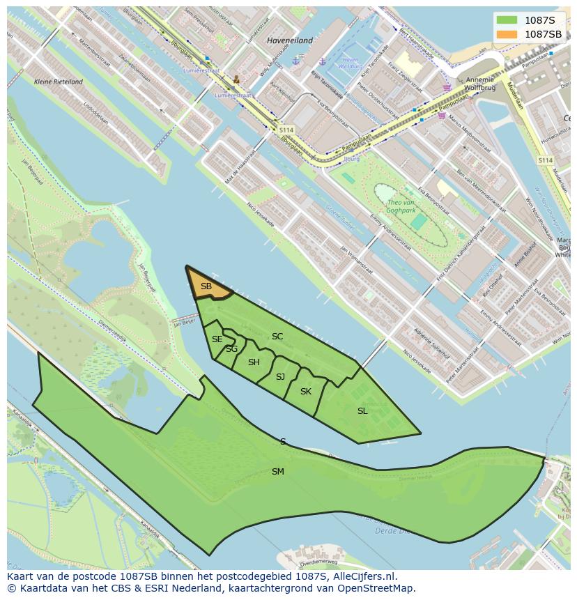 Afbeelding van het postcodegebied 1087 SB op de kaart.
