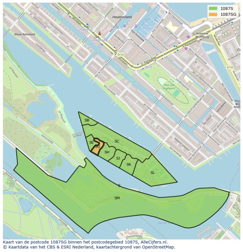Afbeelding van het postcodegebied 1087 SG op de kaart.