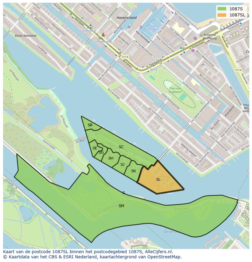 Afbeelding van het postcodegebied 1087 SL op de kaart.