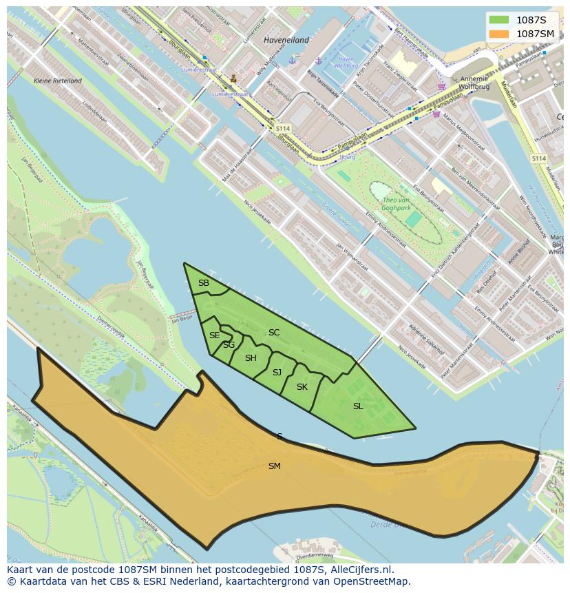 Afbeelding van het postcodegebied 1087 SM op de kaart.