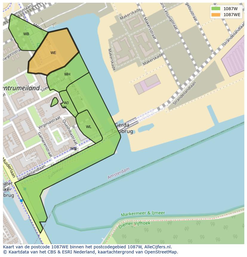 Afbeelding van het postcodegebied 1087 WE op de kaart.