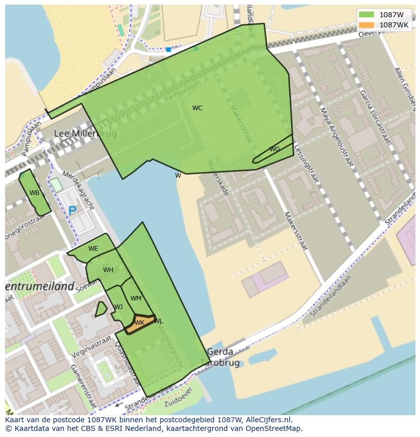 Afbeelding van het postcodegebied 1087 WK op de kaart.