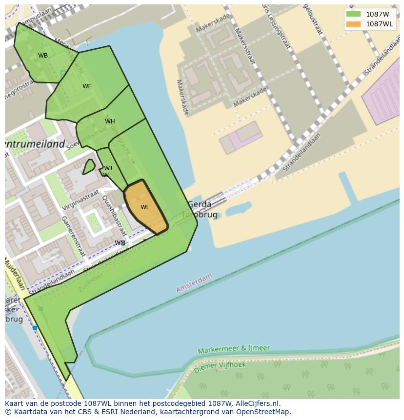 Afbeelding van het postcodegebied 1087 WL op de kaart.