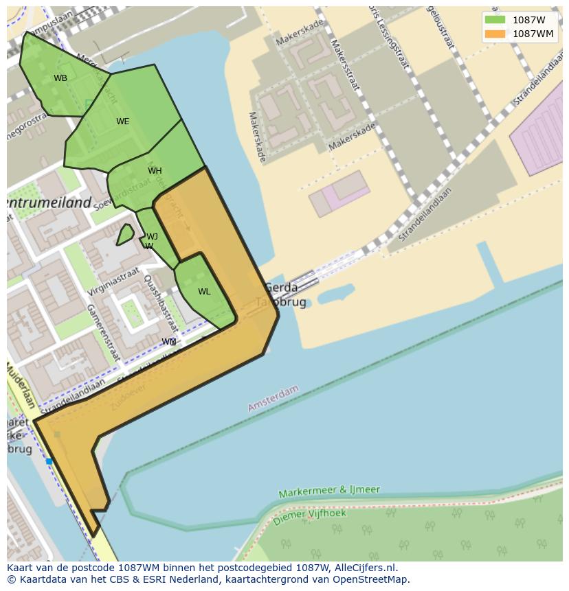 Afbeelding van het postcodegebied 1087 WM op de kaart.