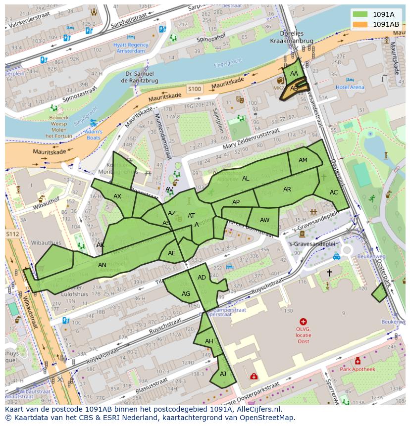 Afbeelding van het postcodegebied 1091 AB op de kaart.