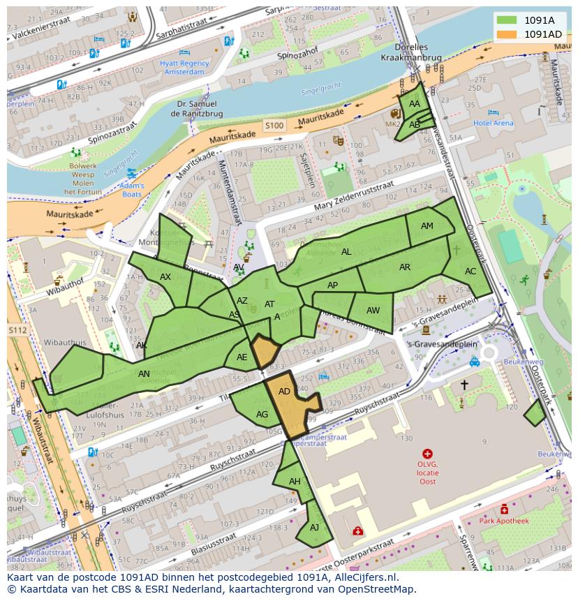 Afbeelding van het postcodegebied 1091 AD op de kaart.