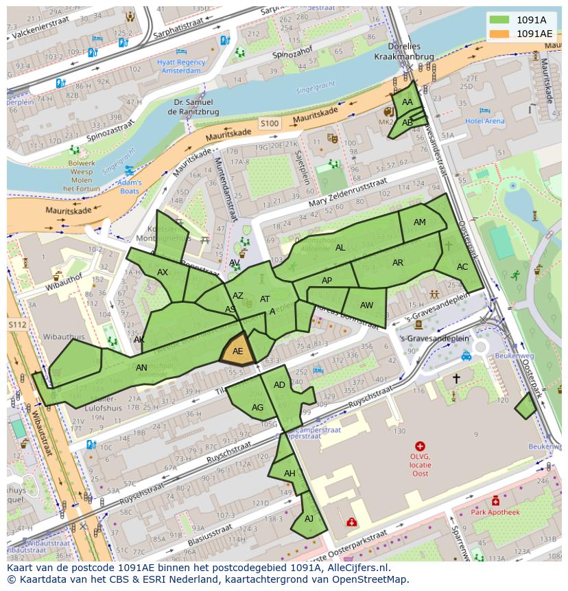 Afbeelding van het postcodegebied 1091 AE op de kaart.