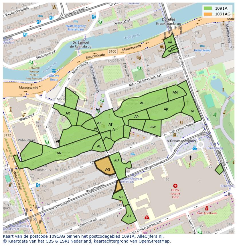 Afbeelding van het postcodegebied 1091 AG op de kaart.