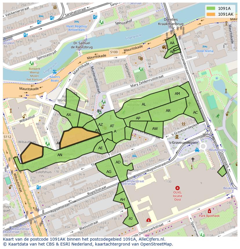Afbeelding van het postcodegebied 1091 AK op de kaart.