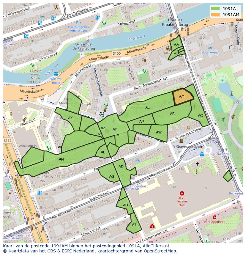 Afbeelding van het postcodegebied 1091 AM op de kaart.