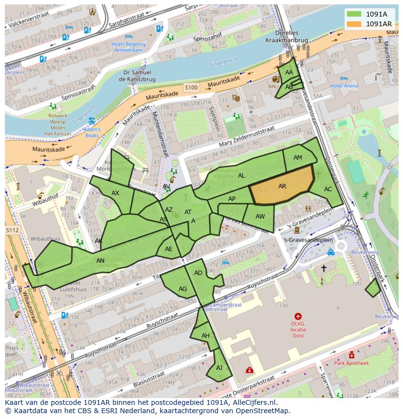 Afbeelding van het postcodegebied 1091 AR op de kaart.