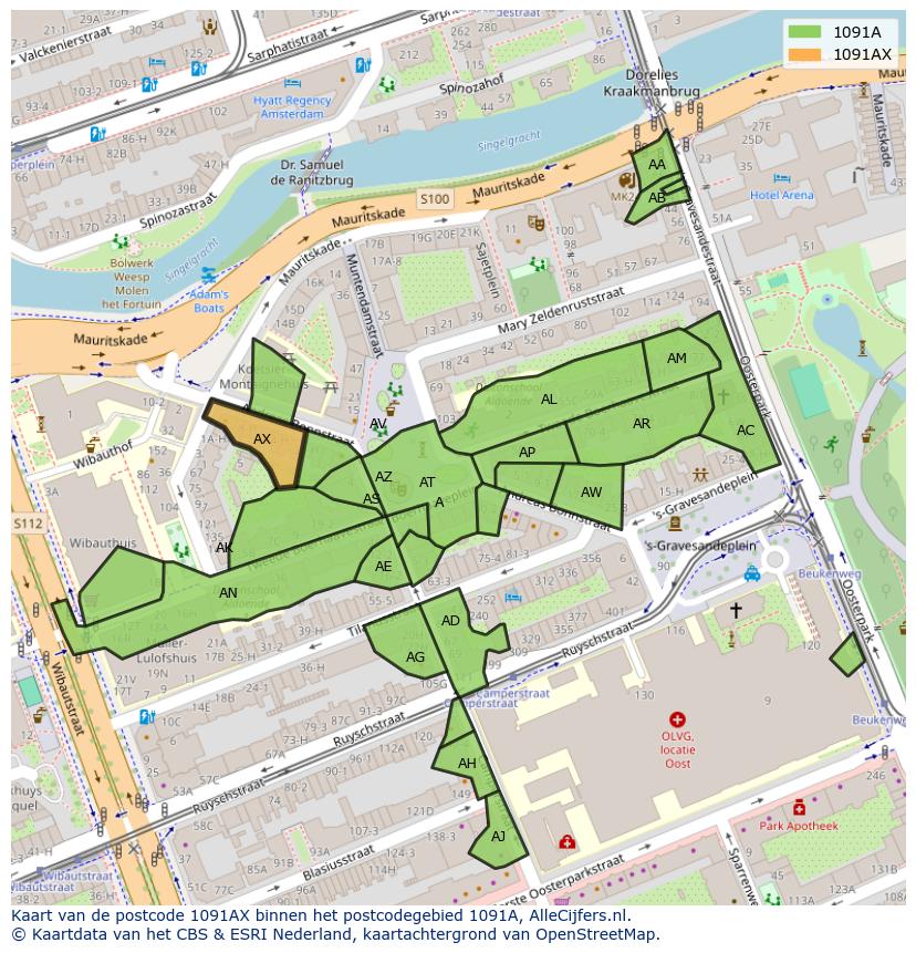 Afbeelding van het postcodegebied 1091 AX op de kaart.