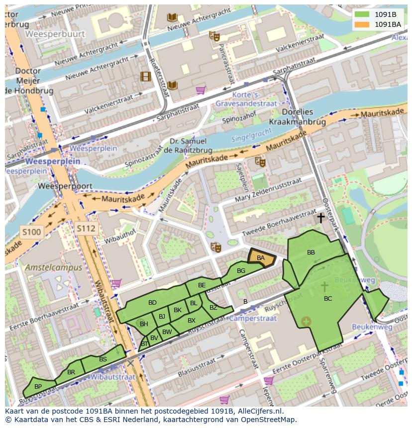 Afbeelding van het postcodegebied 1091 BA op de kaart.
