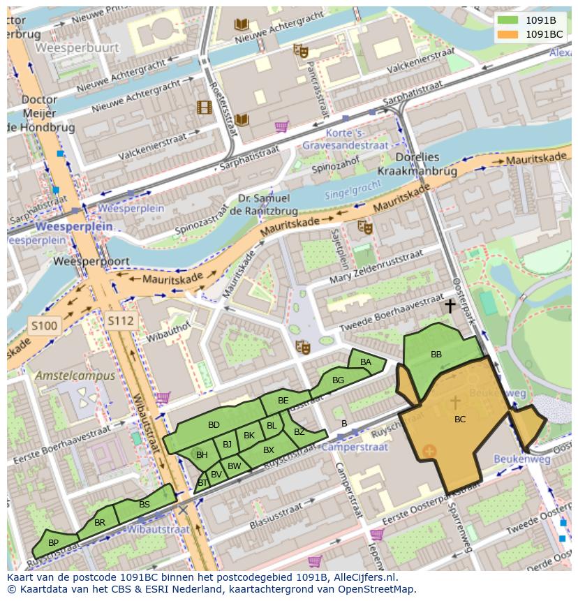 Afbeelding van het postcodegebied 1091 BC op de kaart.