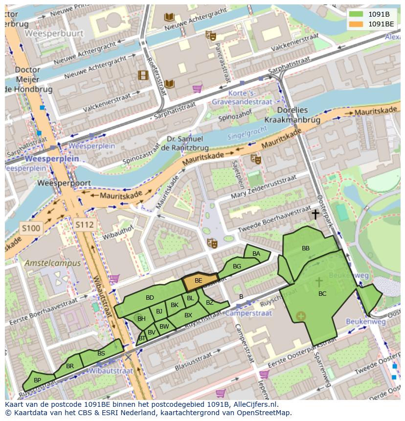 Afbeelding van het postcodegebied 1091 BE op de kaart.