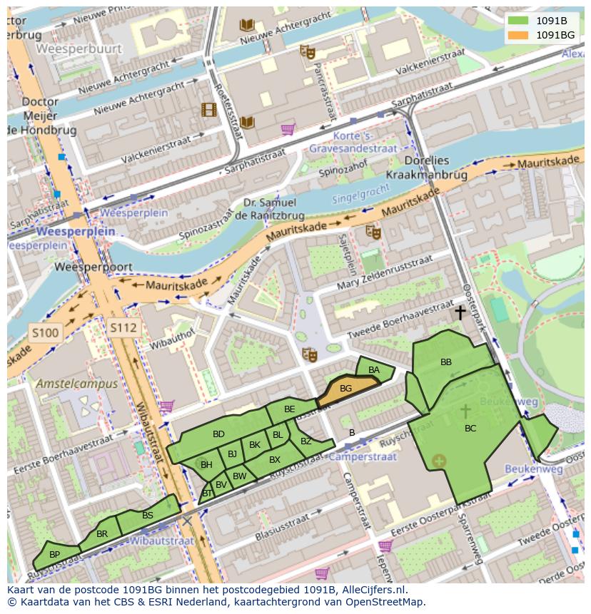 Afbeelding van het postcodegebied 1091 BG op de kaart.