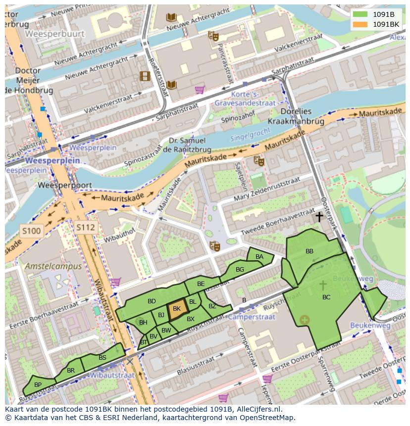 Afbeelding van het postcodegebied 1091 BK op de kaart.