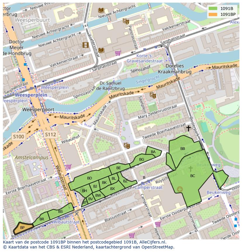 Afbeelding van het postcodegebied 1091 BP op de kaart.