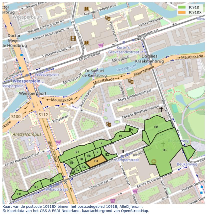 Afbeelding van het postcodegebied 1091 BX op de kaart.
