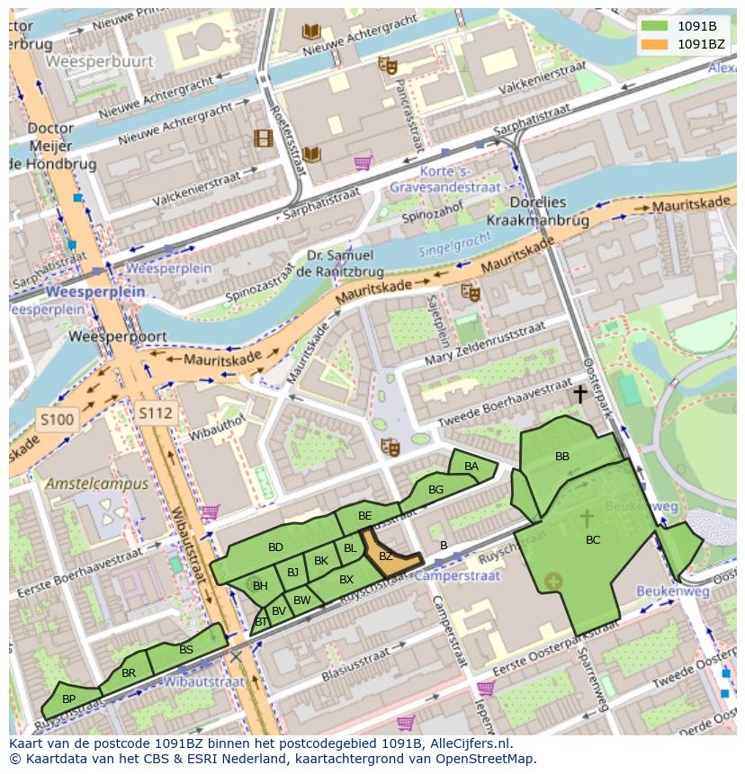 Afbeelding van het postcodegebied 1091 BZ op de kaart.