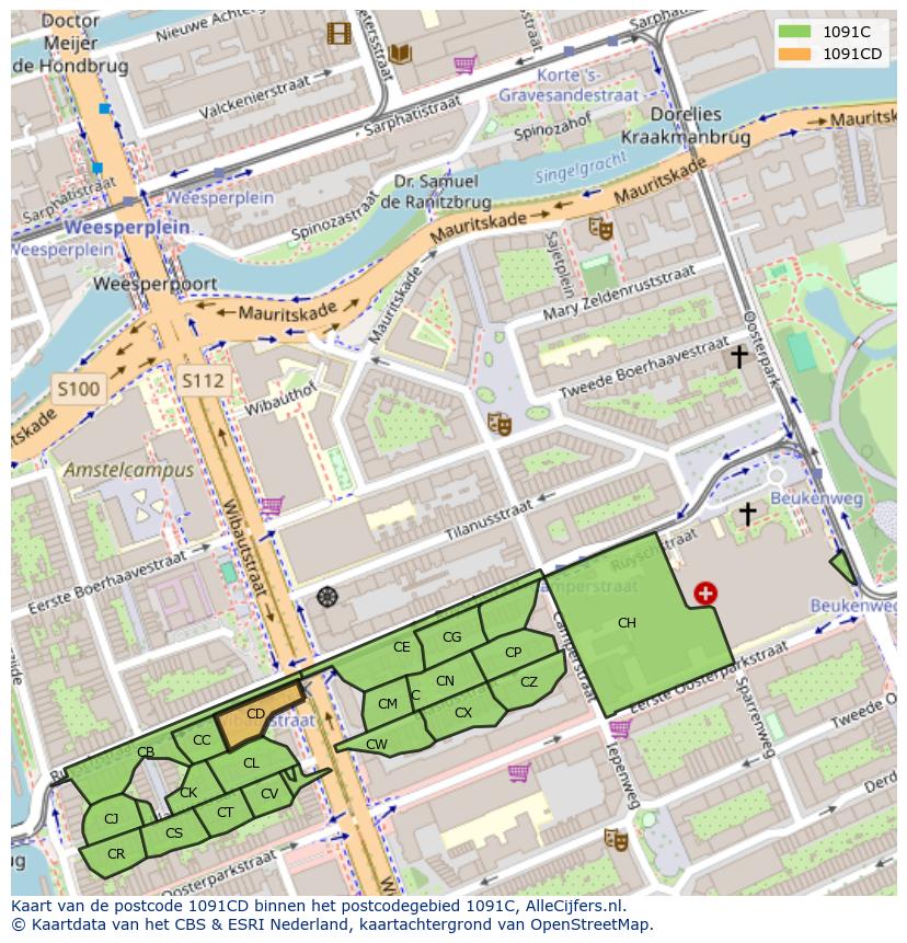Afbeelding van het postcodegebied 1091 CD op de kaart.