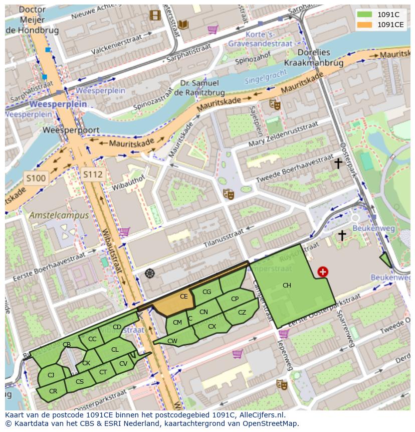 Afbeelding van het postcodegebied 1091 CE op de kaart.