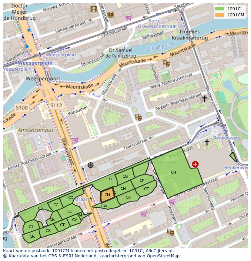 Afbeelding van het postcodegebied 1091 CM op de kaart.