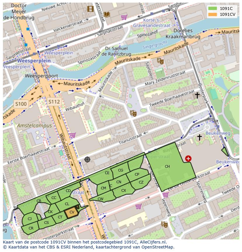 Afbeelding van het postcodegebied 1091 CV op de kaart.