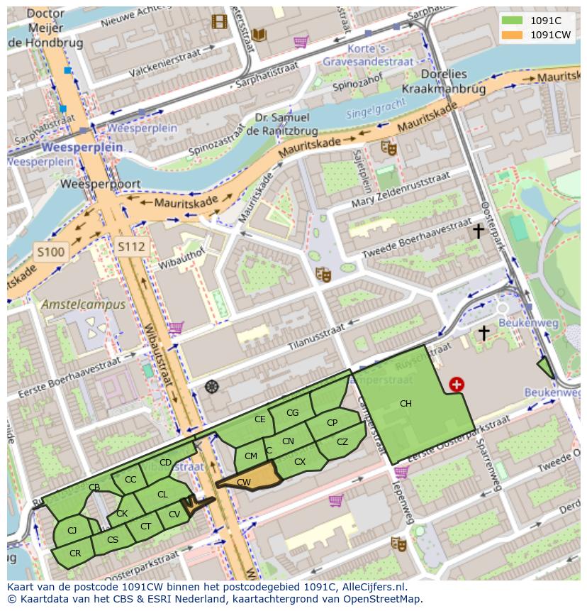 Afbeelding van het postcodegebied 1091 CW op de kaart.