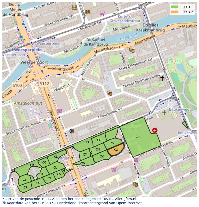 Afbeelding van het postcodegebied 1091 CZ op de kaart.