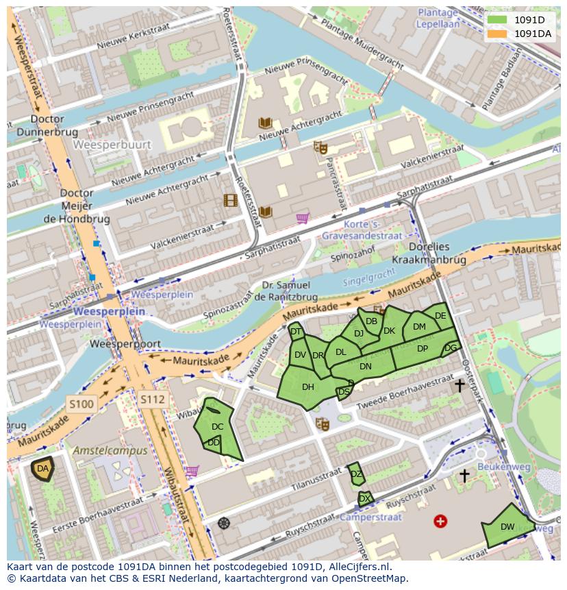 Afbeelding van het postcodegebied 1091 DA op de kaart.