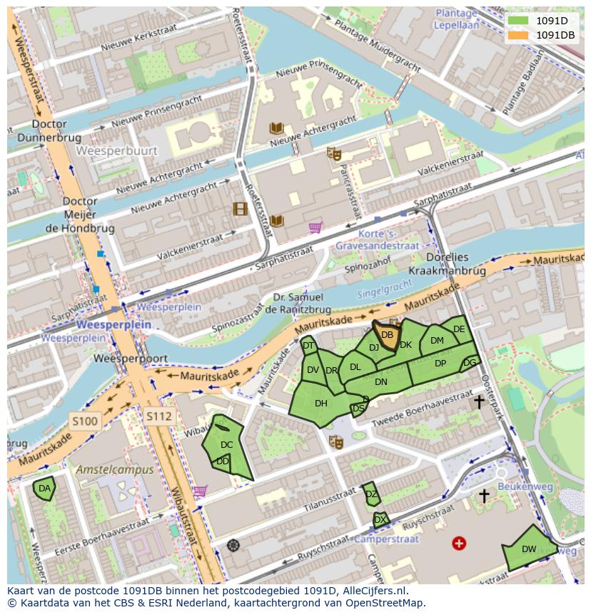 Afbeelding van het postcodegebied 1091 DB op de kaart.