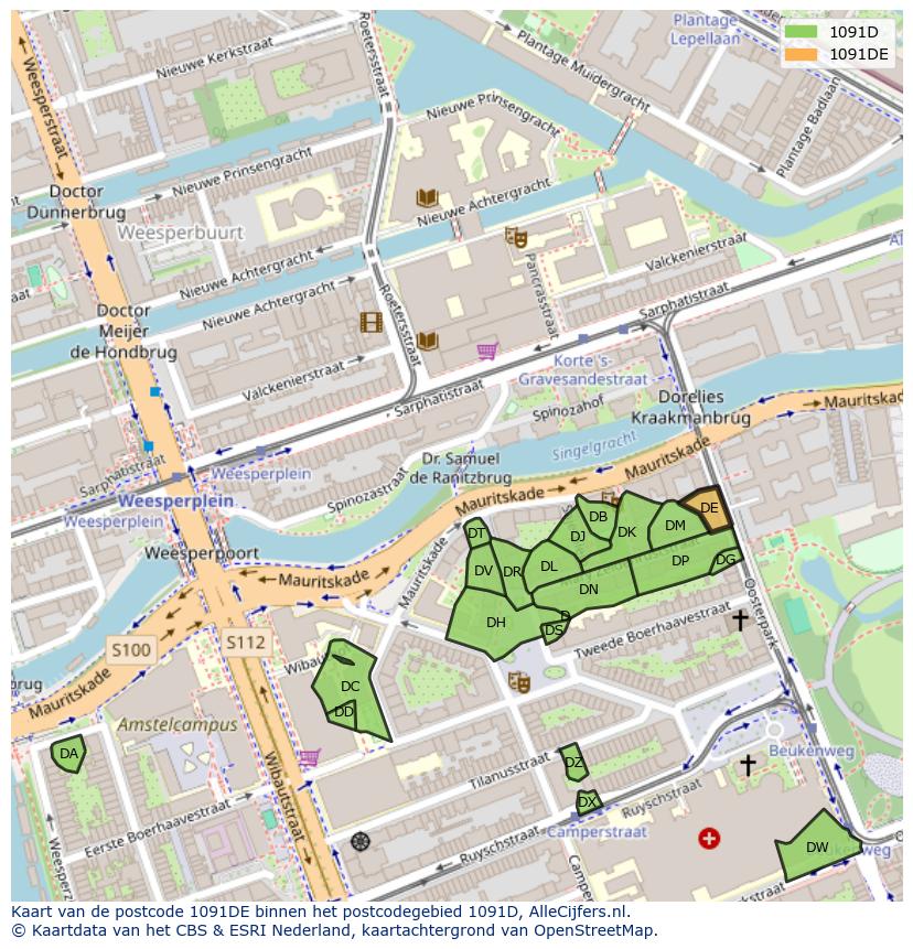 Afbeelding van het postcodegebied 1091 DE op de kaart.