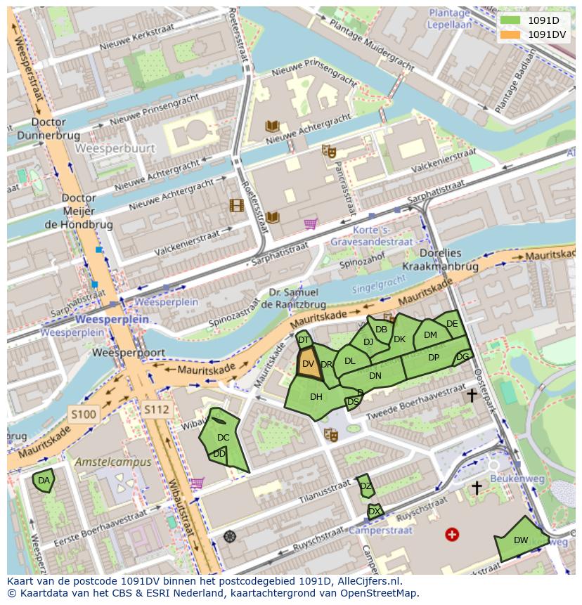Afbeelding van het postcodegebied 1091 DV op de kaart.