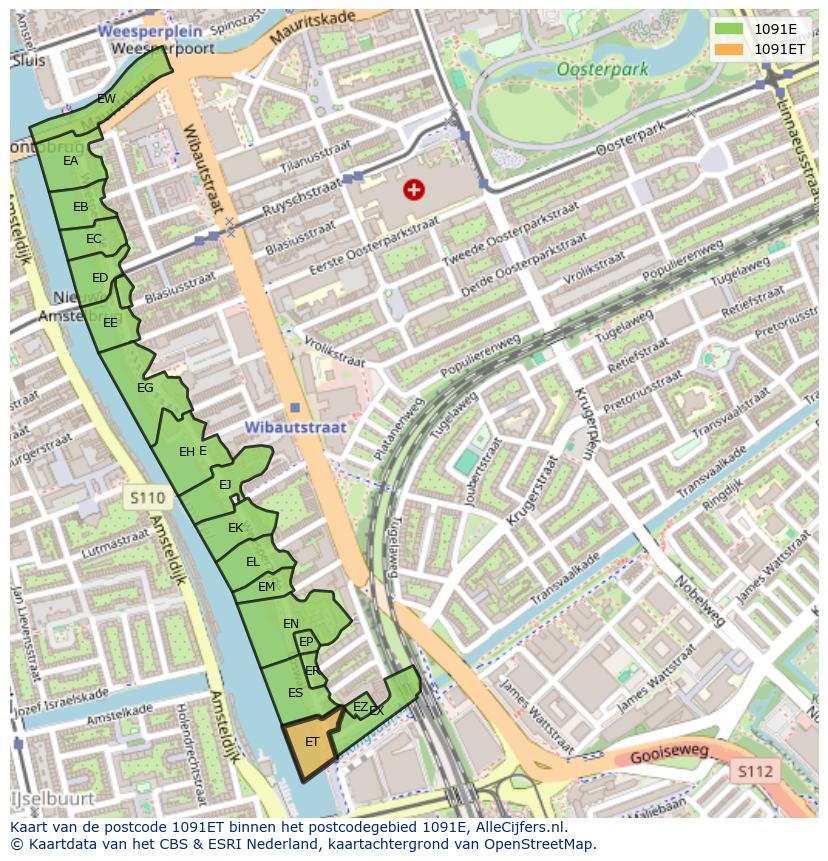 Afbeelding van het postcodegebied 1091 ET op de kaart.