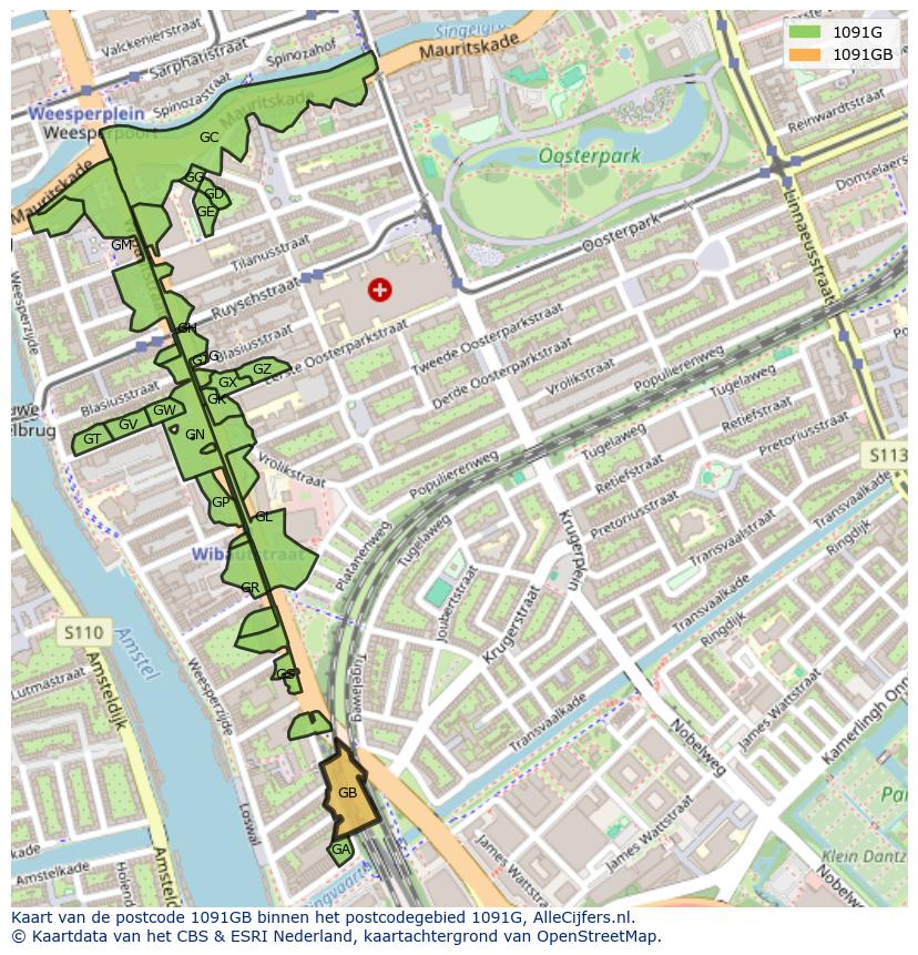 Afbeelding van het postcodegebied 1091 GB op de kaart.