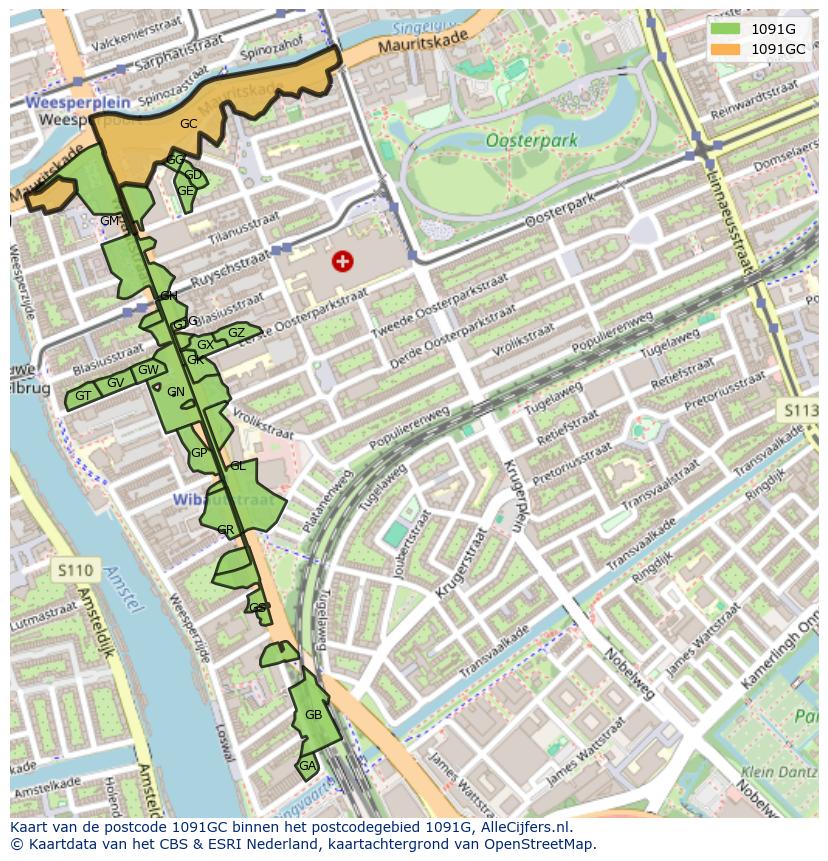 Afbeelding van het postcodegebied 1091 GC op de kaart.