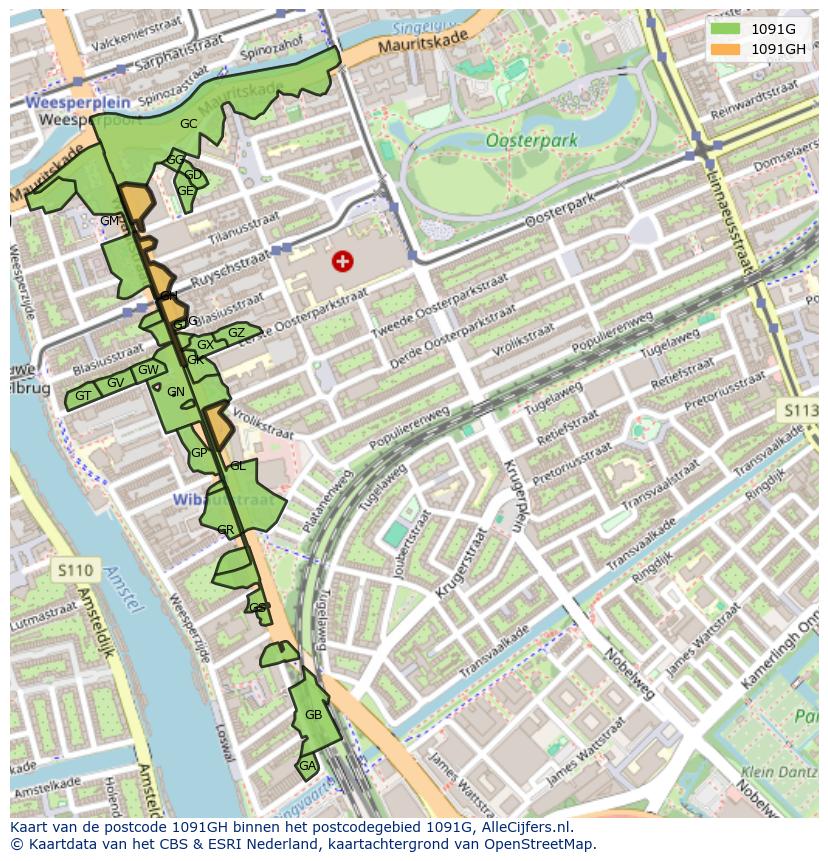 Afbeelding van het postcodegebied 1091 GH op de kaart.