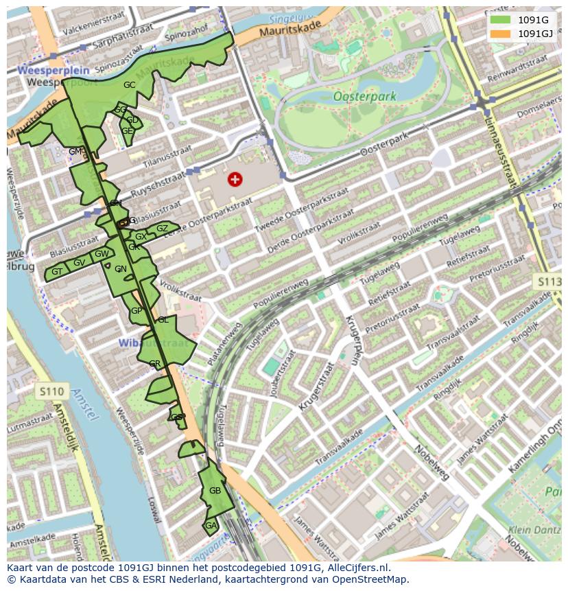 Afbeelding van het postcodegebied 1091 GJ op de kaart.