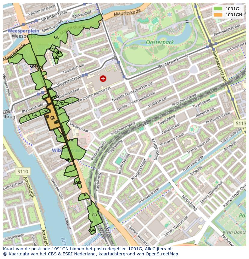 Afbeelding van het postcodegebied 1091 GN op de kaart.