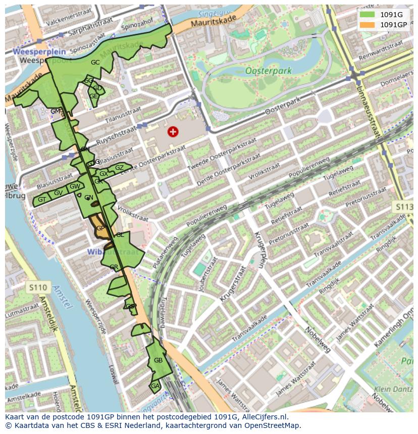 Afbeelding van het postcodegebied 1091 GP op de kaart.